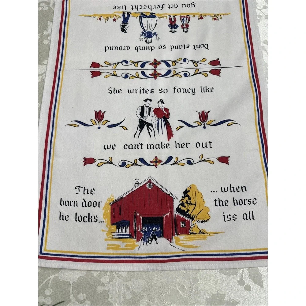 2 Hand Prints Linen Tea Towels Pennsylvania Dutch Amish Vintage 16